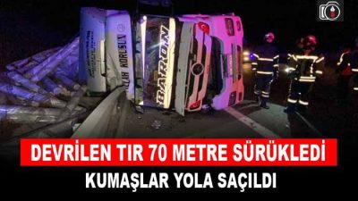 Kuzey Marmara Otoyolu’nda TIR devrildi. Kontrolden çıkarak bariyerlere çarpan halı
