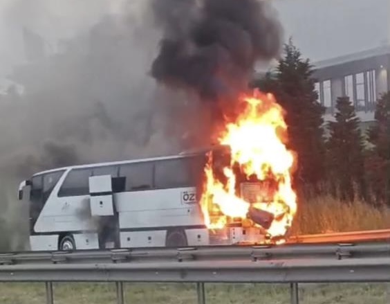 TEM Otoyolu'nun Kocaeli geçişinde seyir halindeki şehirlerarası yolcu otobüsü alevlere
